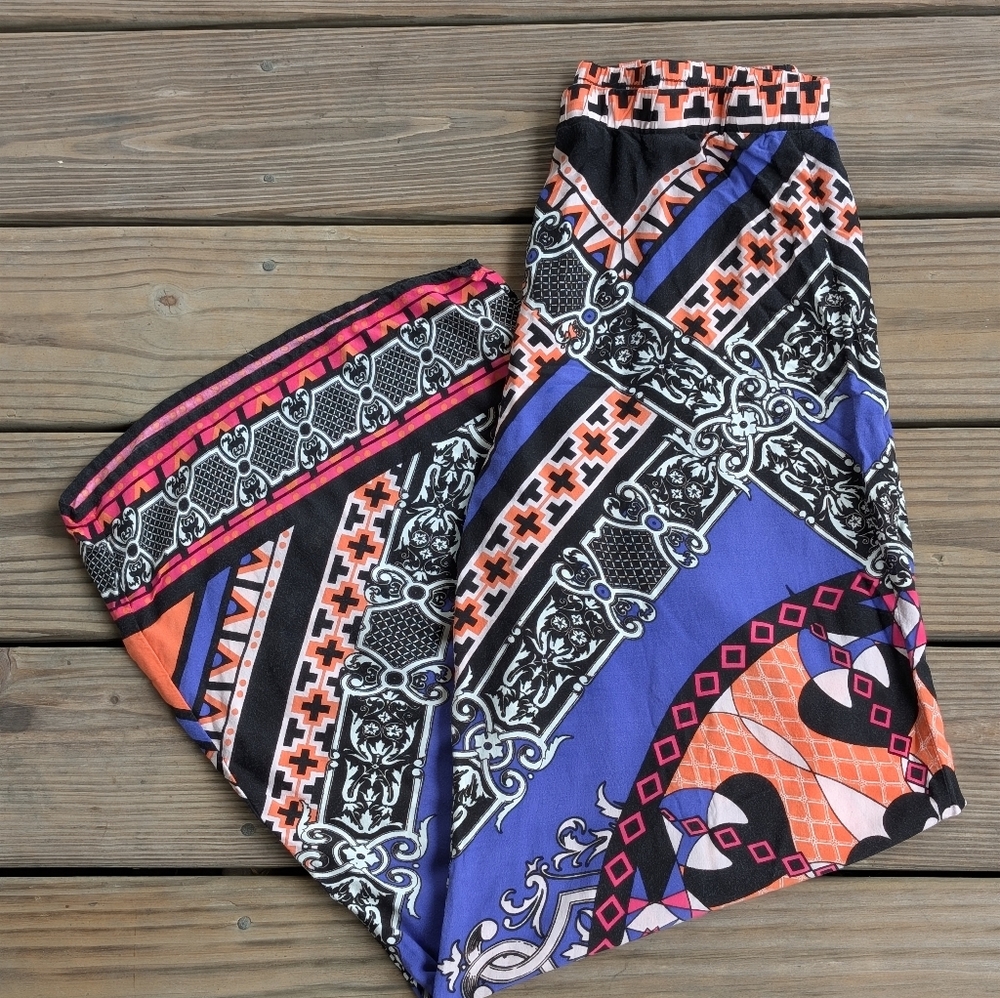 Forever 21 Bohemian Wide Leg Colorful Geometric Patterned Pants
